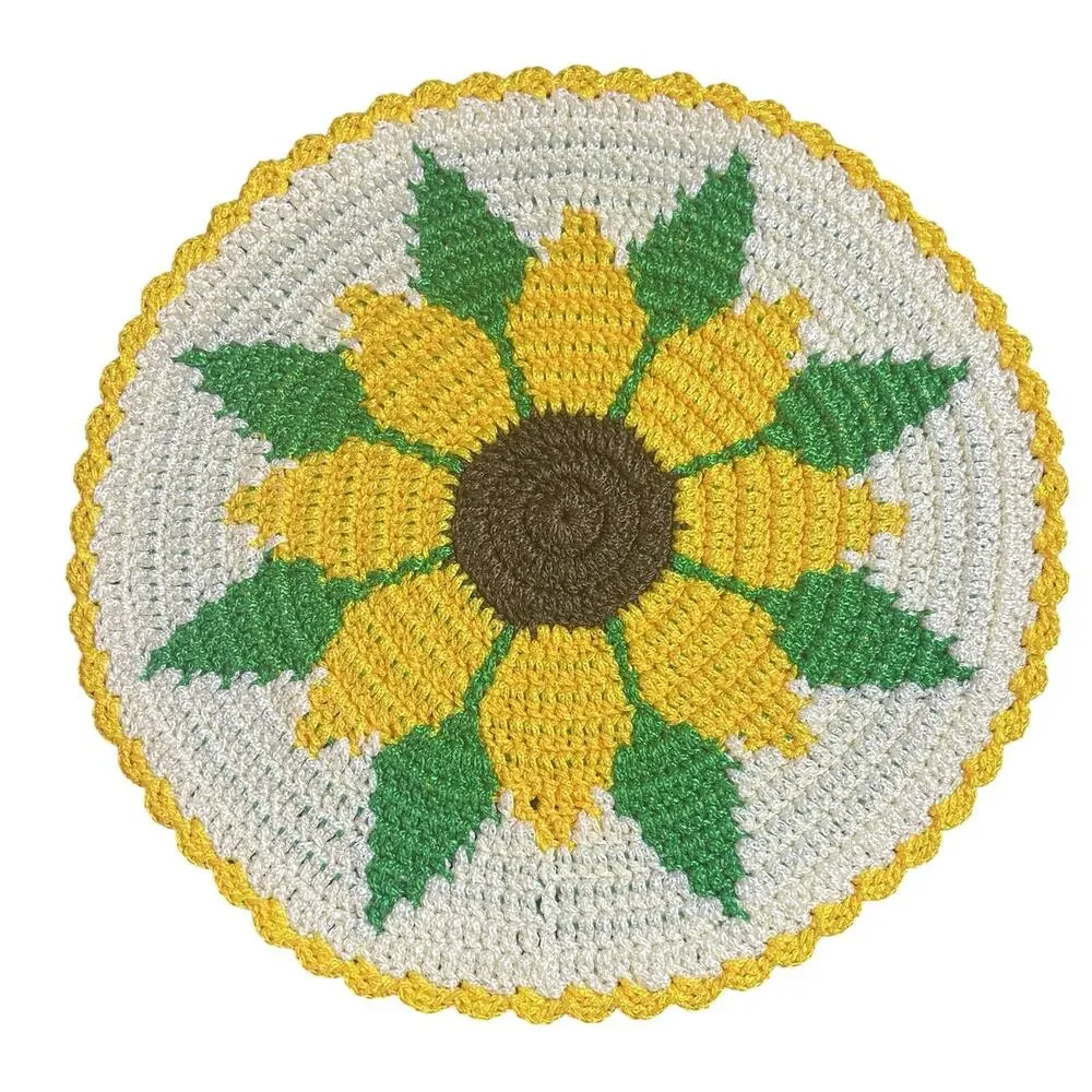Set of 4 Handmade Crochet Floral Placemats Round Yellow Cream Green 13